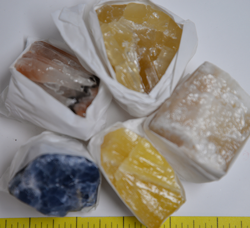 CALCITE Specimens, various colors,  5 rough stones, 1-lb.  LOT 