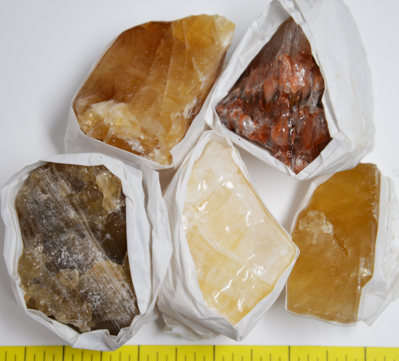 CALCITE Specimens, various colors,  5 rough stones, 1-lb.  LOT 