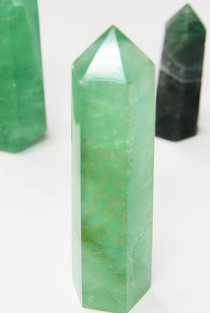 GREEN FLUORITE CRYSTAL TOWERS.  3 to 4-3/4 height.